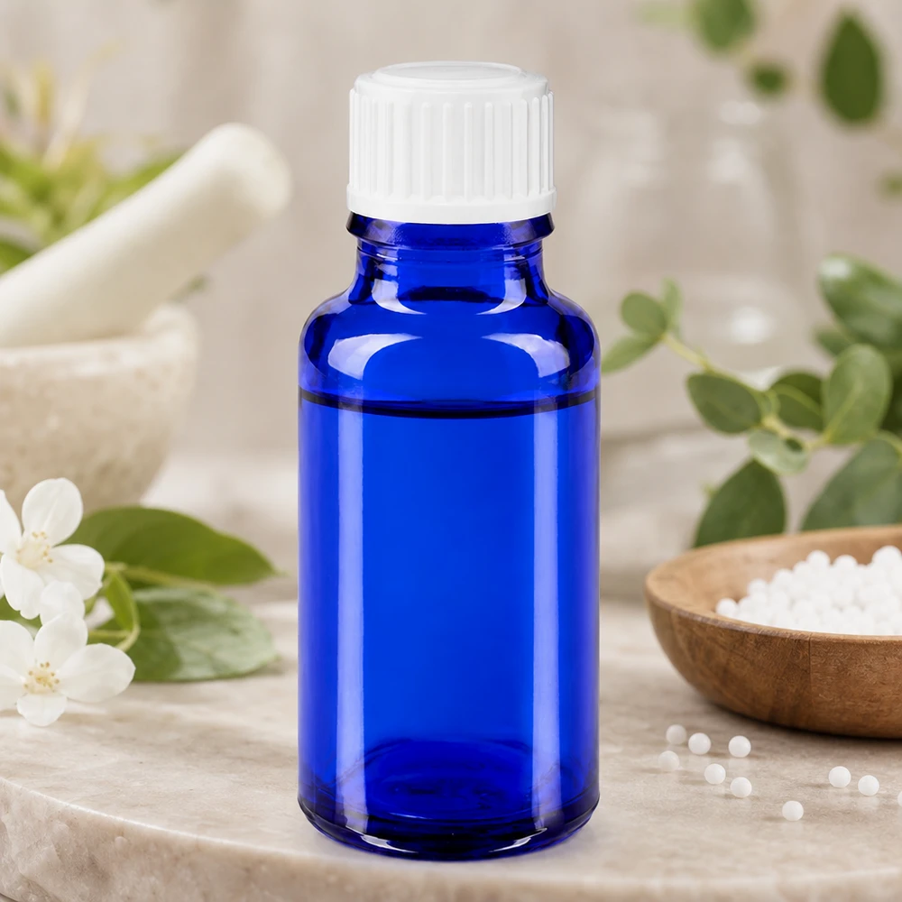 Butelka apteczna niebieska 20ml zakrętka biała szt. Szklana buteleczka o pojemności 20 ml w kolorze kobaltowym z białą zakrętką, obok moździerza i kulek homeopatycznych