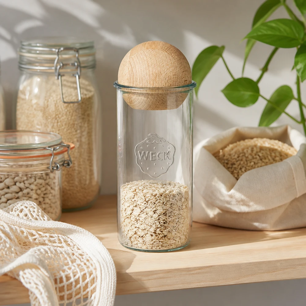 Tumbler 1500ml WECK RR100 z drewnianą kulką buk Słoik WECK RR100 1500 ml wypełniony płatkami owsianymi, z drewnianą pokrywką z drewna bukowego, bezodpadowe przechowywanie w kuchni