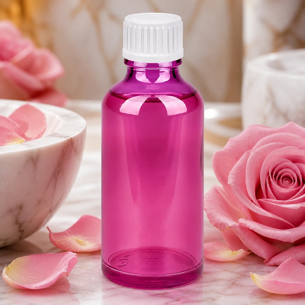 Butelka 50 ml (kuleczka) z pierścieniem nalewowym 3 mm, biała Standard PurpleLine. UT18/50 Kompaktowa szklana butelka 50 ml w kolorze fioletowym do aromaterapii i naturalnych esencji do pielęgnacji skóry