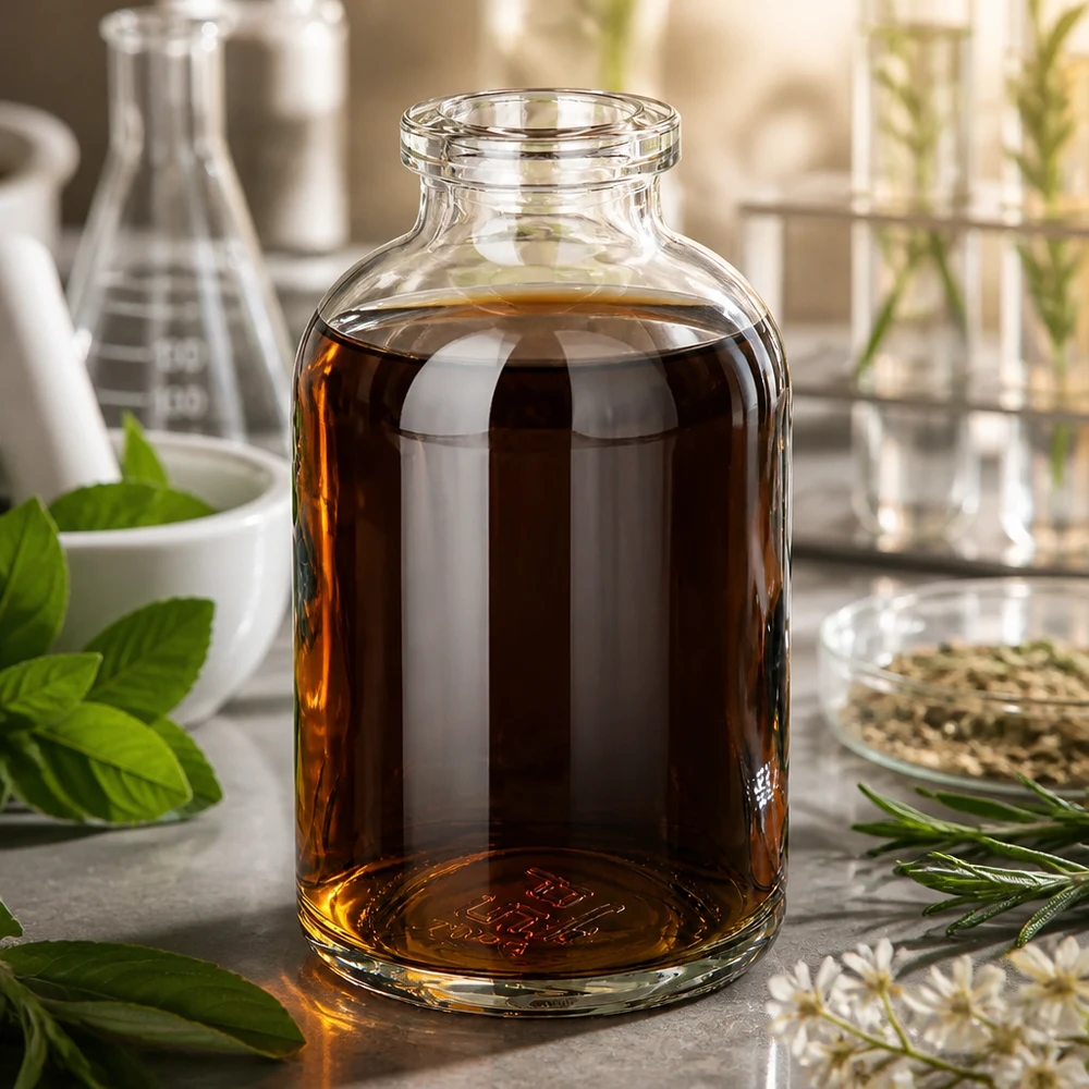 Butelka iniekcyjna z przezroczystego szkła 50 ml Kompakte Injektionsflasche 50ml aus Klarglas mit amber Naturstoffextrakt und Laborausstattung