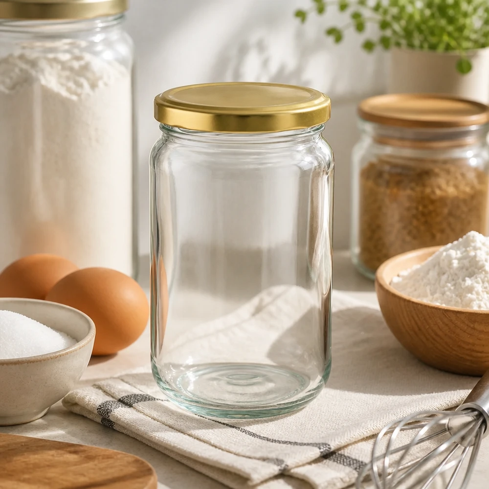 Słoik okrągły 305 ml z pokrywką BasicSeal złota UNiTWIST 305ml Rundglas UNiTWIST mit goldnem Deckel in moderner Küche - perfekt zum Backen und Kochen mit Eiern und Mehl
