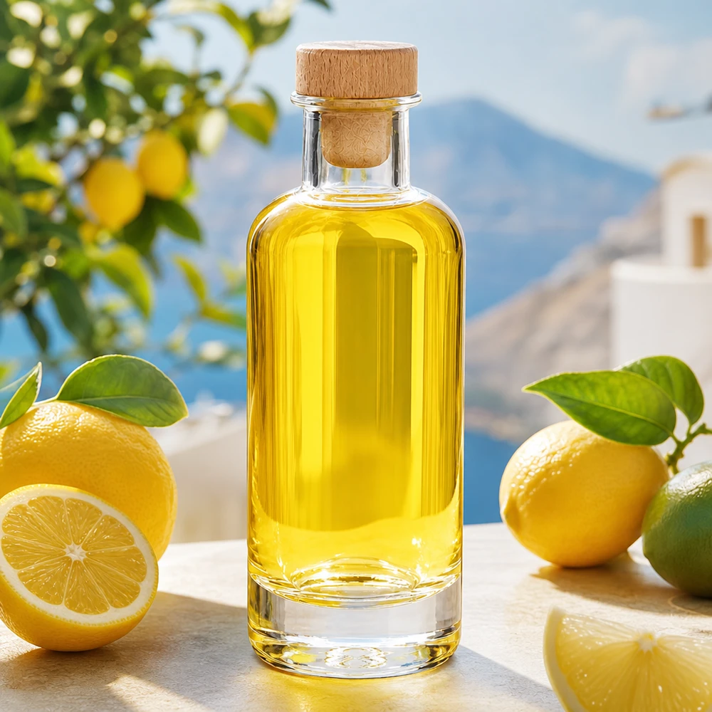 Szklana butelka 200 ml Ella z drewnianym korkiem z uchwytem UNiTWIST® Ella 200 ml szklana butelka z drewnianym korkiem wypełniona żółtym olejem otoczonym świeżymi cytrynami w śródziemnomorskim otoczeniu