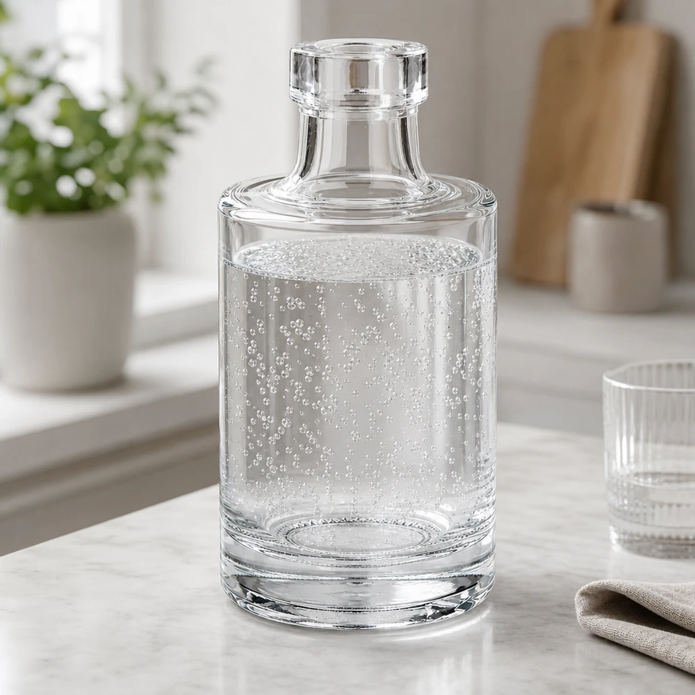 100 ml szklana butelka Marie z czystą wodą i gazowanymi bąbelkami w eleganckiej kuchennej atmosferze ze szklaną pokrywką