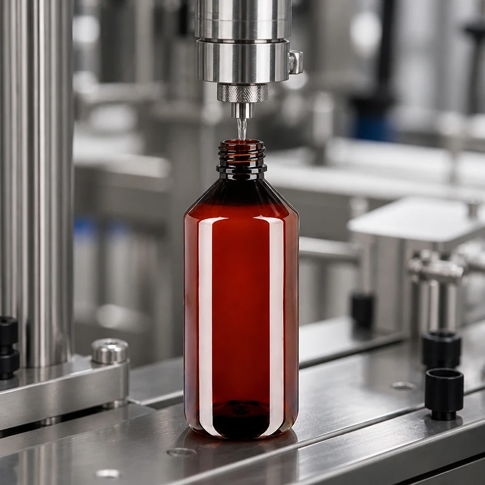 Automatisierte Befüllstation für braune 1000ml PET Flaschen mit Standardverschluss