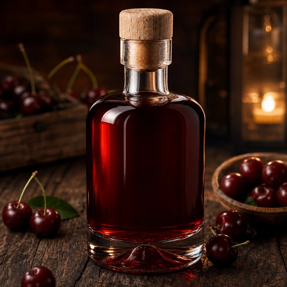 50 ml szklana butelka Amelie wypełniona ciemnoczerwonym likierem wiśniowym między świeżymi wiśniami ułożonymi rustykalnie na drewnie
