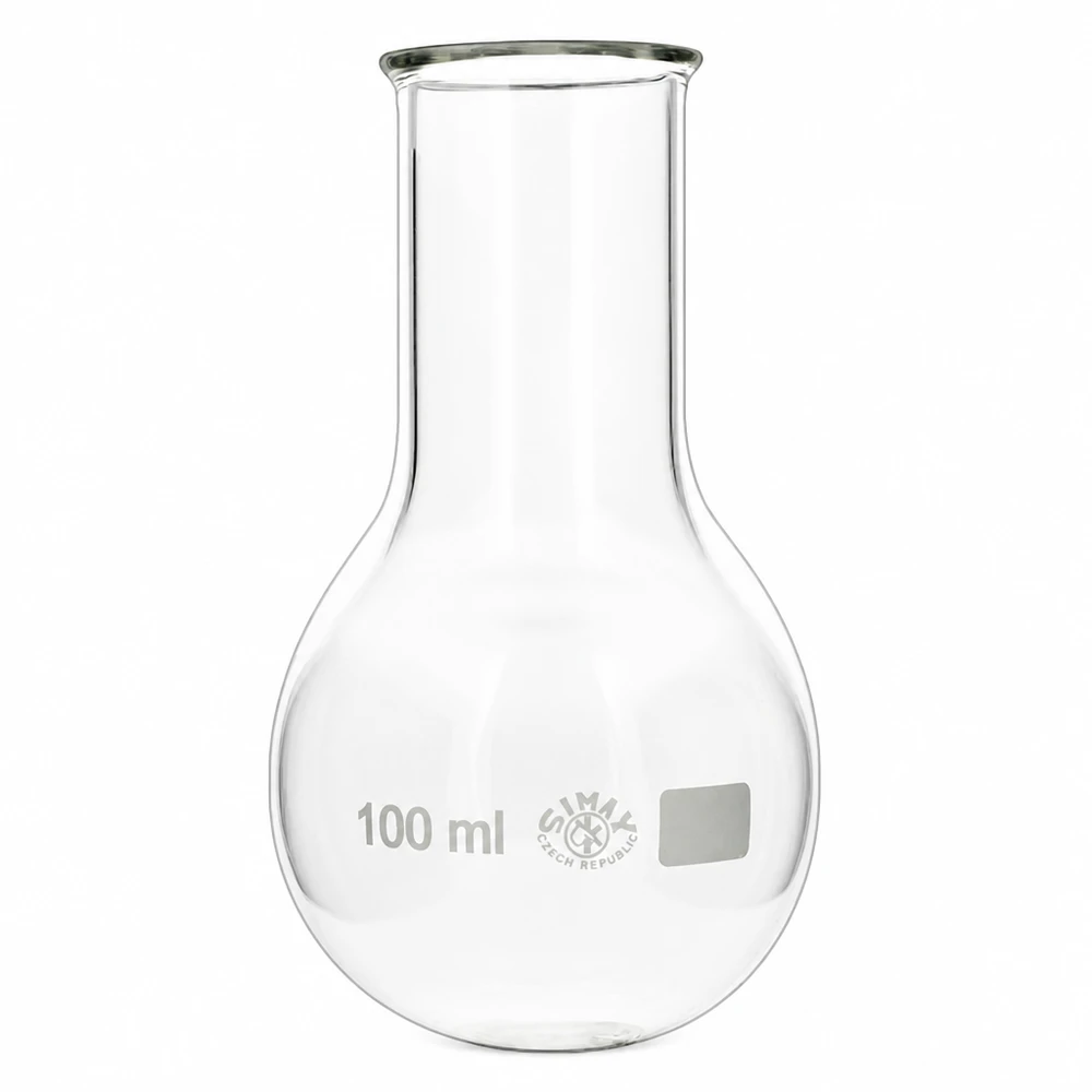Kolba z okrągłym dnem i szeroką szyjką 100 ml Kolba okrągłodenna 100 ml z szeroką szyjką wykonana z przezroczystego szkła borokrzemowego do zastosowań laboratoryjnych