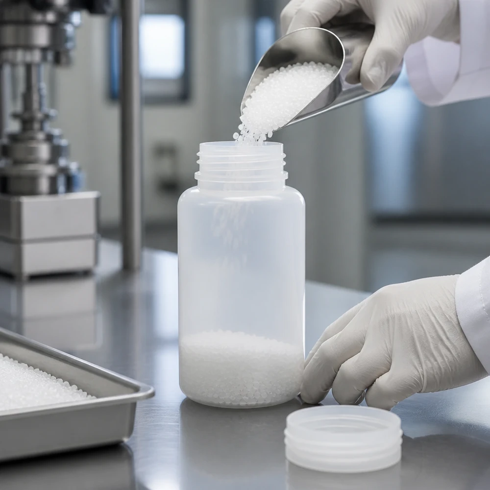Duża butelka laboratoryjna o pojemności 1000 ml z szeroką szyjką, wykonana z tworzywa HDPE, bez pokrywki, przeznaczona do próbek chemicznych