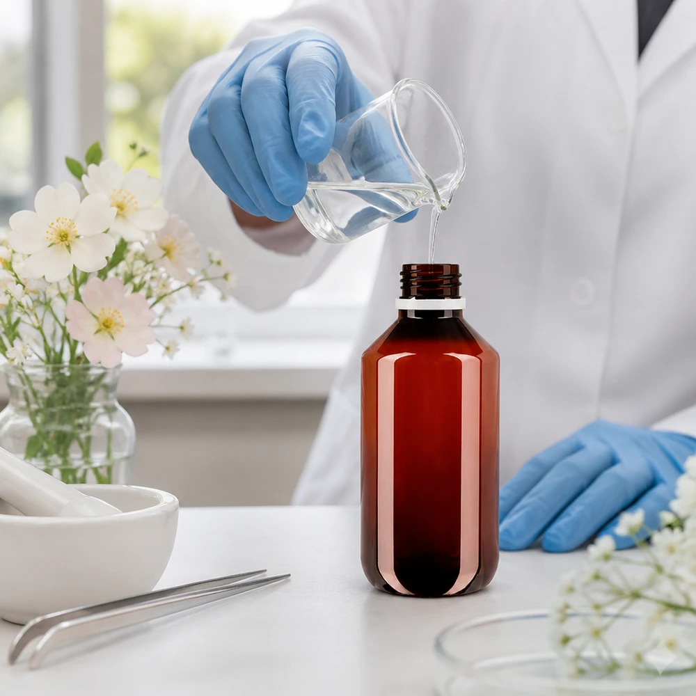 Brązowa butelka apteczna o pojemności 200 ml z białym zamknięciem zabezpieczającym przed manipulacją, przeznaczona do przechowywania płynów i roztworów