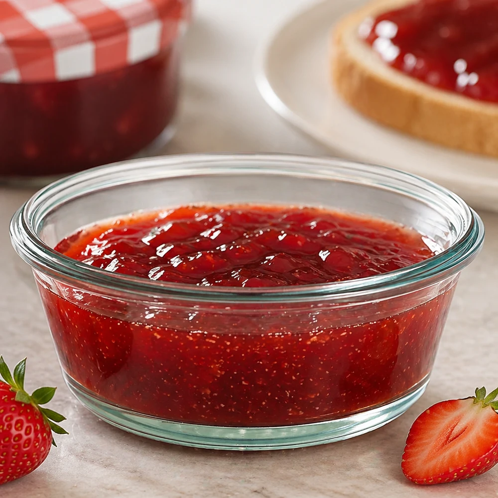 WECK RR120 Słoik Gourmet 300ml wypełniony czerwoną konfiturą pokazuje zastosowanie jako słoik na konfiturę z truskawek