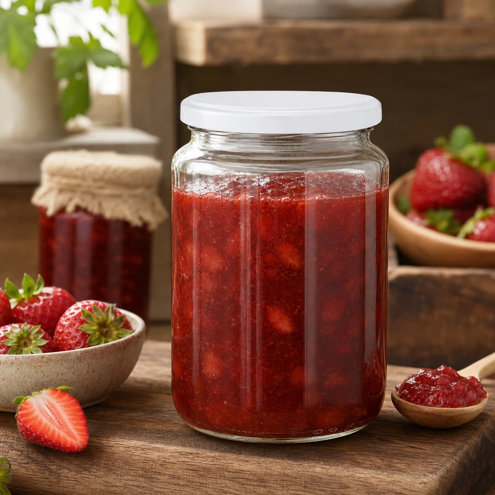 Słoik okrągły 795 ml z pokrywką BasicSeal biała UNiTWIST Okrągły słoik UNiTWIST o pojemności 795 ml wypełniony dżemem truskawkowym jest idealny do domowych konfitur i przetworów.