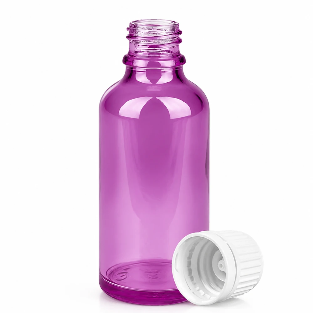 Butelka z zakraplaczem 50 ml wykonana z fioletowego szkła z gwintem DIN 18 mm do aromaterapii i kosmetyków