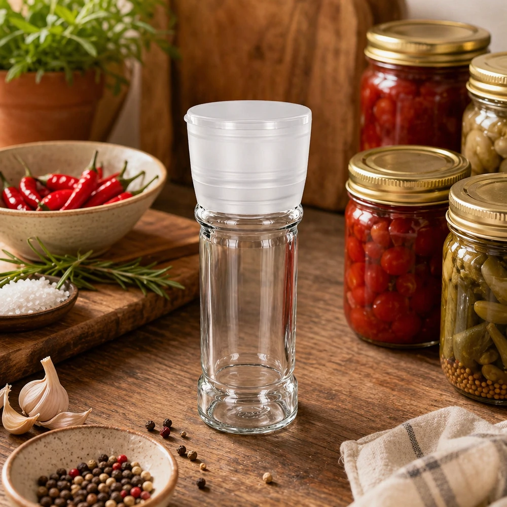 Słoik na sól/przyprawy 100 ml z młynkiem Vario, biały Szklanka na sól o pojemności 100 ml z białym młynkiem Vario obok marynowanych pomidorów i przypraw na drewnianym stole