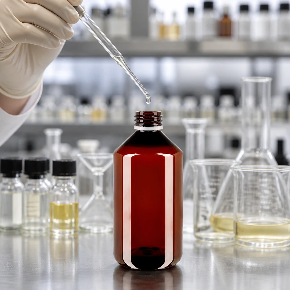 Przezroczysta okrągła butelka z PET o pojemności 750 ml w kolorze bursztynowym z białym zamknięciem typu OV w laboratorium farmaceutycznym