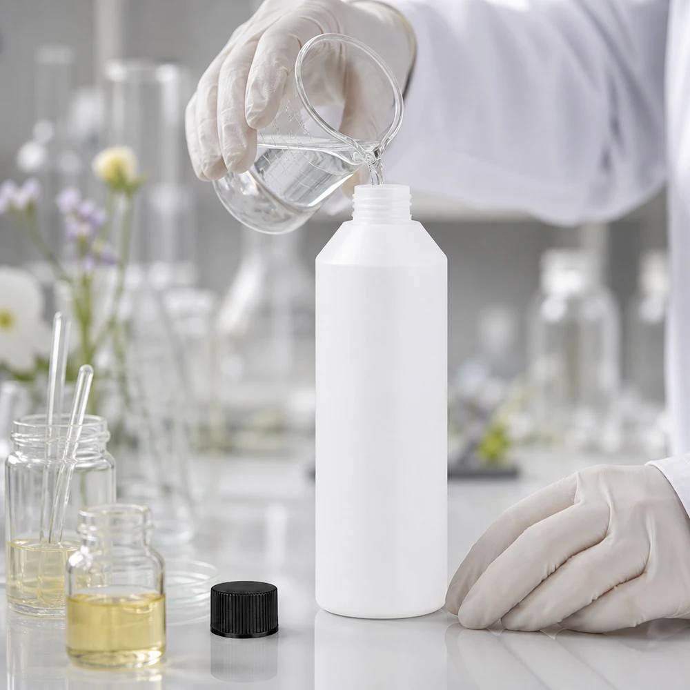 Butelka apteczna HDPE 250 ml biała, z czarnym SV Laborant napełnia białą butelkę apteczną z HDPE o pojemności 250 ml z czarną nakrętką przezroczystym płynem
