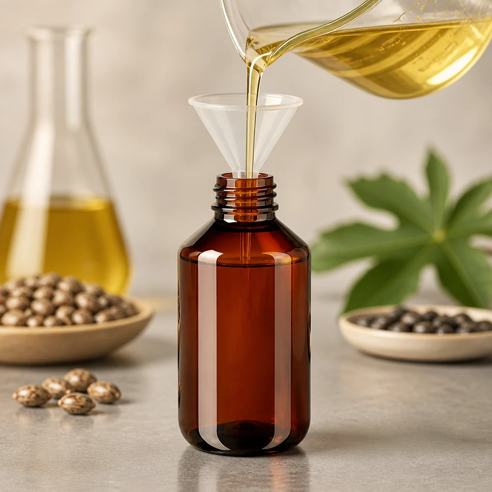 Butelka PET 100 ml z białą/czerwoną nakrętką OV Butelkę PET o pojemności 100 ml w kolorze bursztynowym napełnia się żółtym olejem roślinnym za pomocą lejka