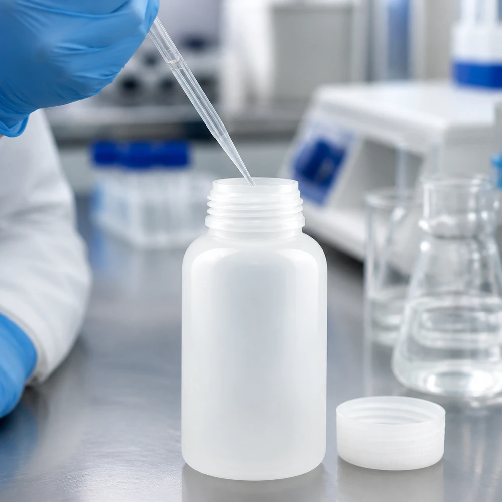 Plastikowa butelka laboratoryjna o pojemności 500 ml z szeroką szyjką, stojąca na blacie ze stali nierdzewnej w laboratorium