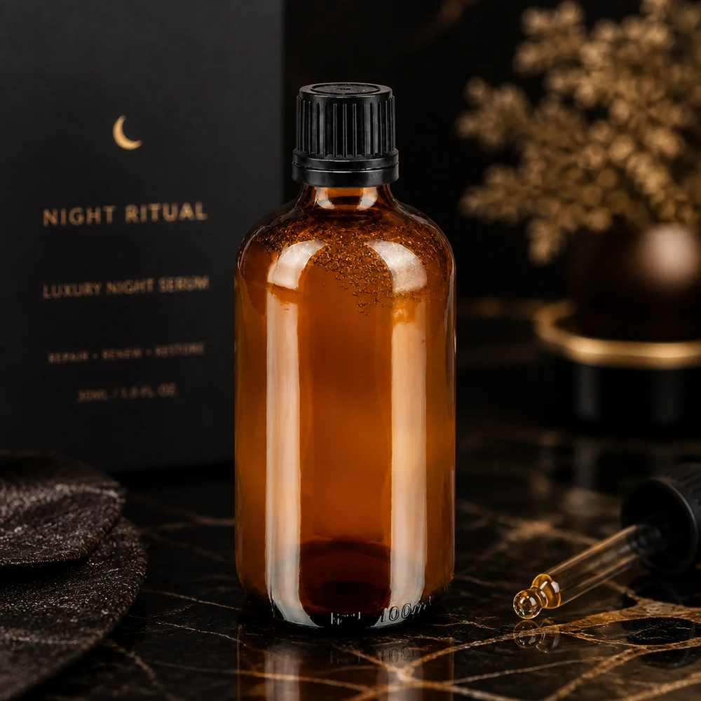 Butelka z brązowego szkła o pojemności 100 ml z czarnym opakowaniem zewnętrznym i kroplomierzem, obok luksusowego zestawu z serum Night Ritual