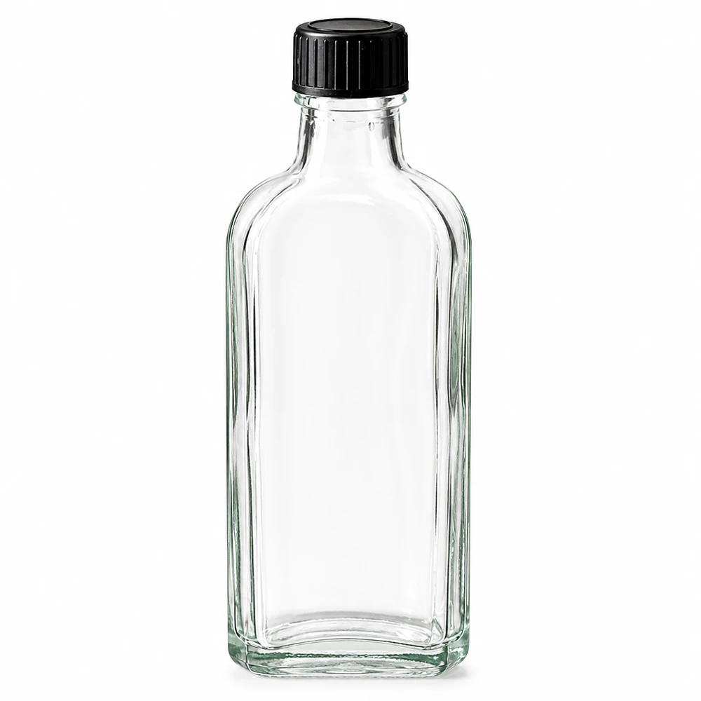 Przezroczysta szklana butelka Meplat o pojemności 100 ml z czarną zakrętką i uszczelką LKD