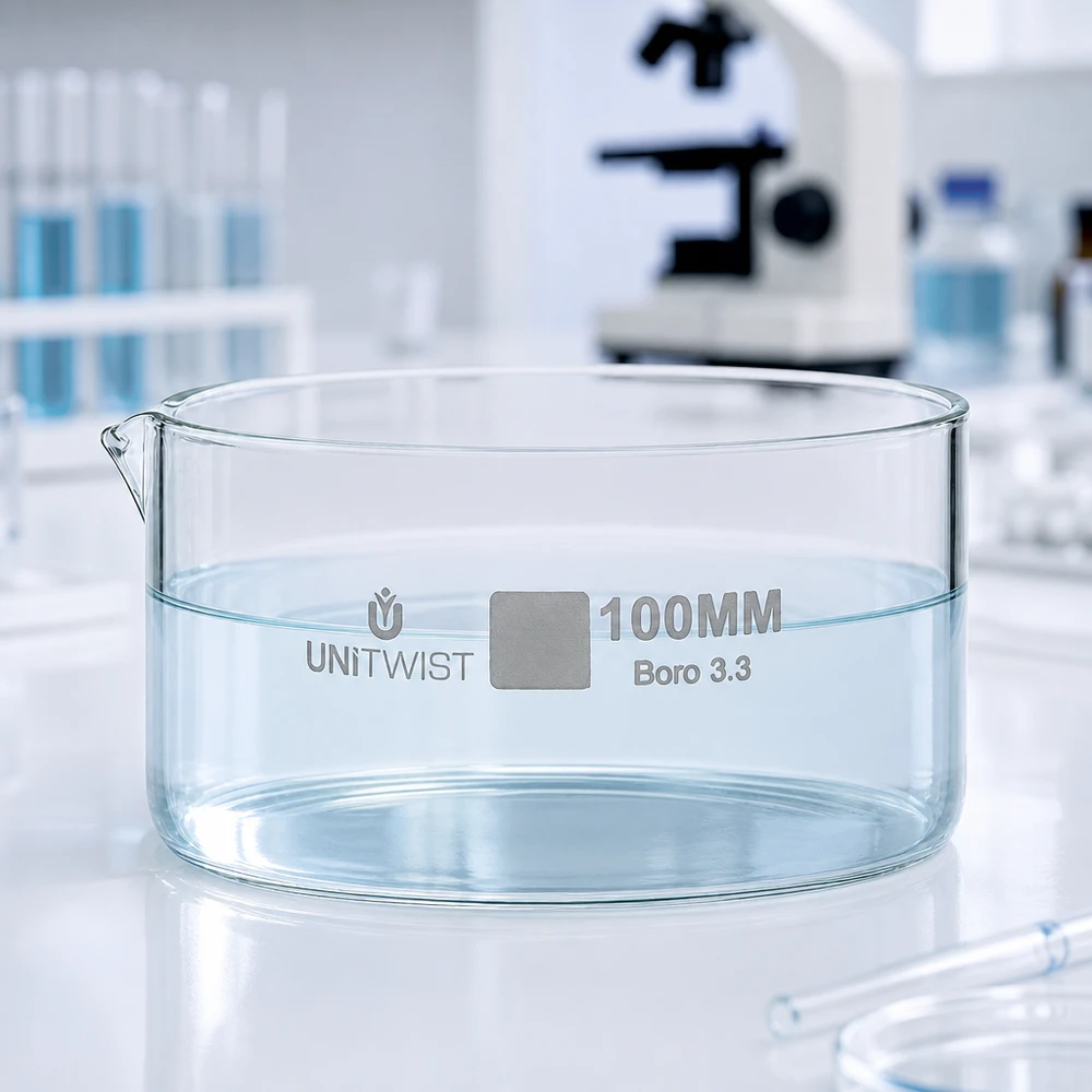 Miska krystalizacyjna o średnicy 100 mm, UNiTWIST, ze szkła borokrzemowego, pusta, na białym blacie laboratoryjnym, tło mikroskopowe