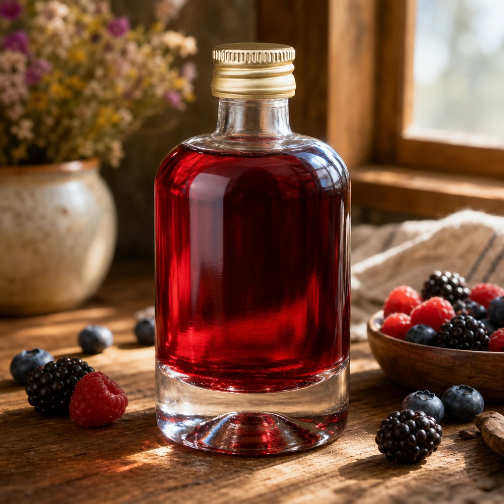Butelka szklana 40 ml Sara z zakrętką w kolorze złotym UNiTWIST® 40 ml szklana butelka Sara wypełniona likierem z czerwonych jagód - złota nakrętka UNiTWIST otoczona świeżymi dzikimi jagodami