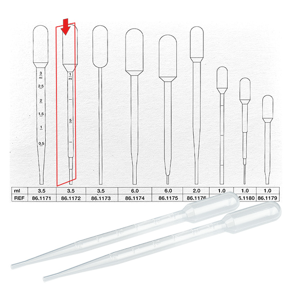 Pipeta transferowa, objętość nominalna: 3,5 ml, (dł. x szer.): 155 x 15 mm, materiał: LD-PE, przezroczysta, wielkość kropli: 35 µl - 55 µl, podziałka wstrzykiwania do 3 ml, 500 sztuk/karton Pipeta transferowa, objętość nominalna: 3,5 ml, (dł. x szer.): 155 x 15 mm, materiał: LD-PE, przezroczysta, wielkość kropli: 35 µl - 55 µl, podziałka wstrzykiwania do 3 ml, 500 sztuk/karton