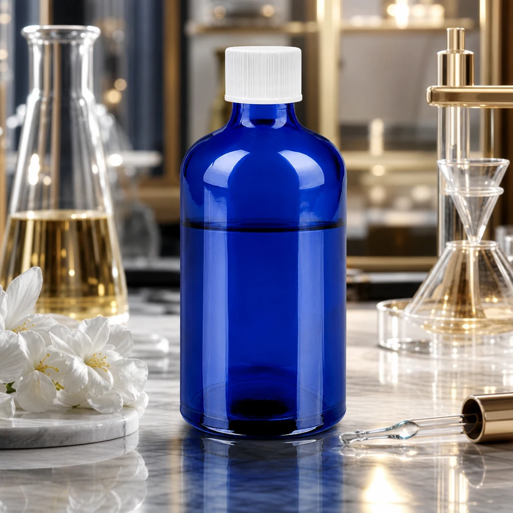 Butelka 100 ml 11 mm SV biała STD BlueLine UT18/100 Profesjonalna butelka laboratoryjna 100 ml w kolorze kobaltowo-niebieskim z białą standardową nasadką 11 mm do badań naukowych