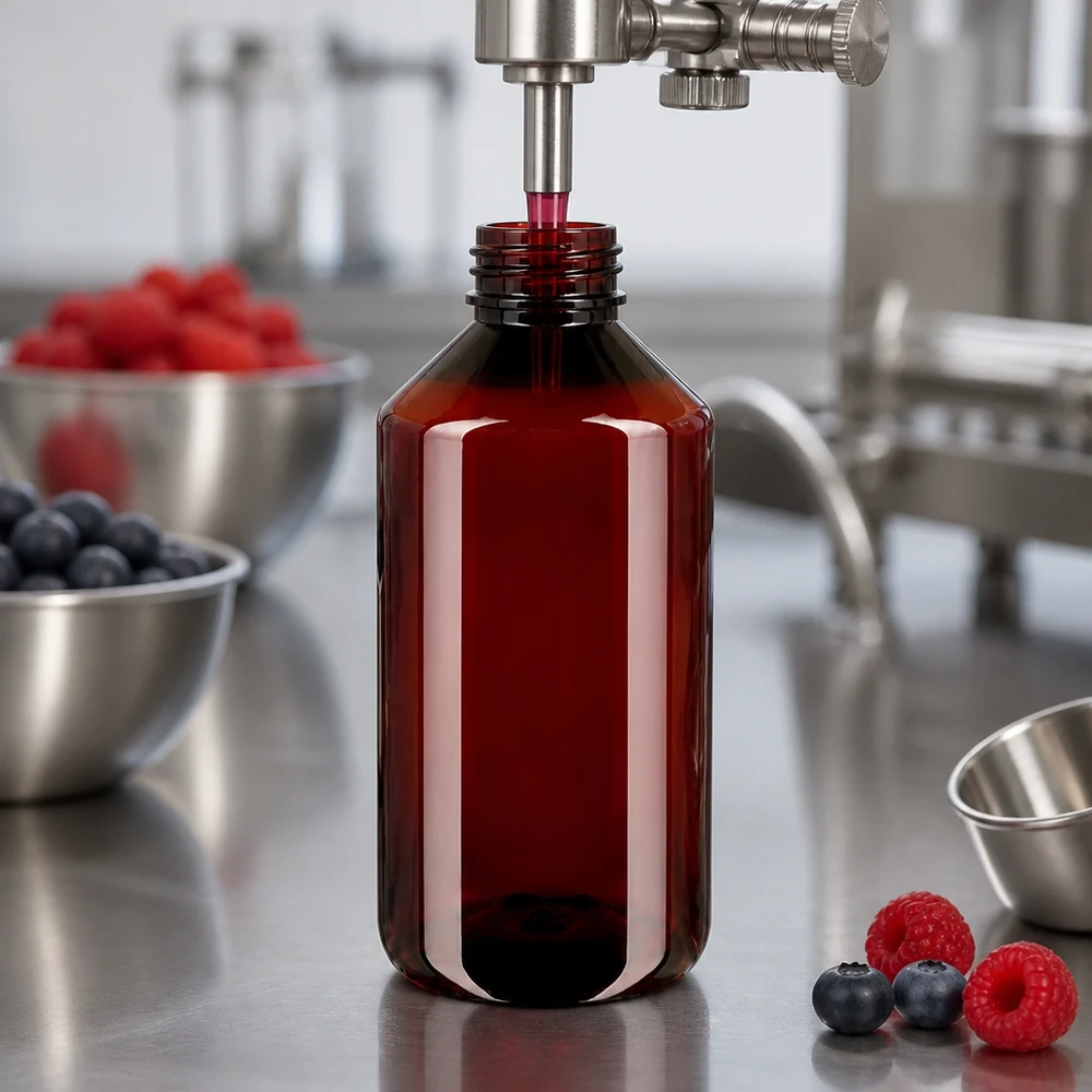 Butelka PET 750 ml z białym zamknięciem typu flip-top. Brązowa butelka PET o pojemności 750 ml jest napełniana maszynowo czerwonym sokiem jagodowym w zakładzie produkcji żywności