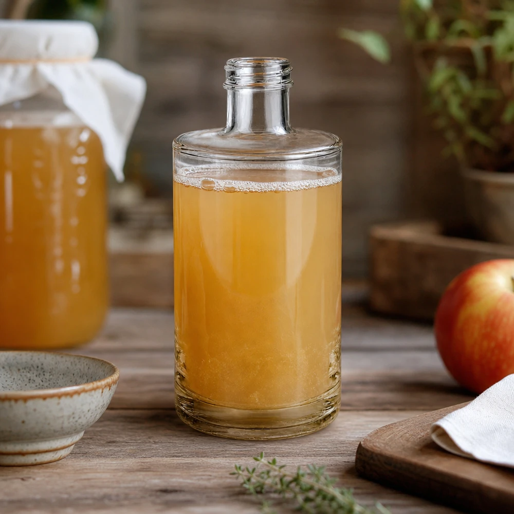 Szklana butelka 375 ml Sam bez zakrętki UNiTWIST® 375 ml szklana butelka Sam wypełniona sokiem jabłkowym na rustykalnym drewnianym stole ozdobionym świeżym jabłkiem i ceramiczną misą
