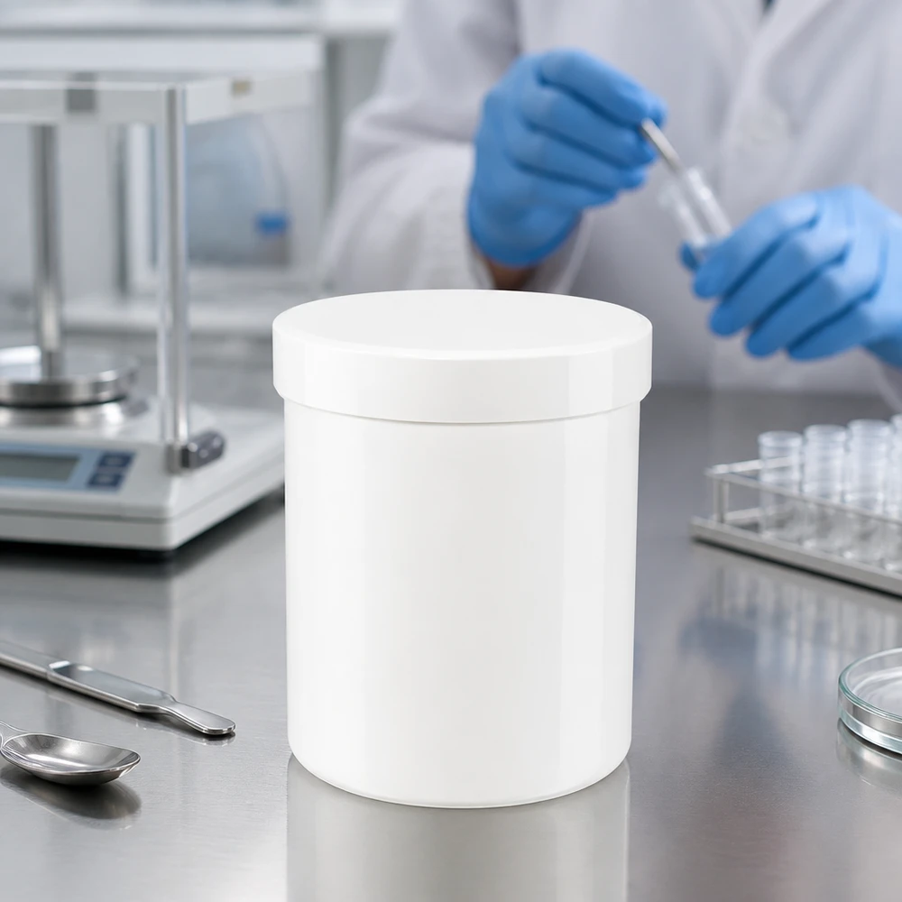 Biały słoik na maść z PP o pojemności 250 g z zakrętką, stojący na powierzchni ze stali nierdzewnej obok wagi laboratoryjnej i probówek