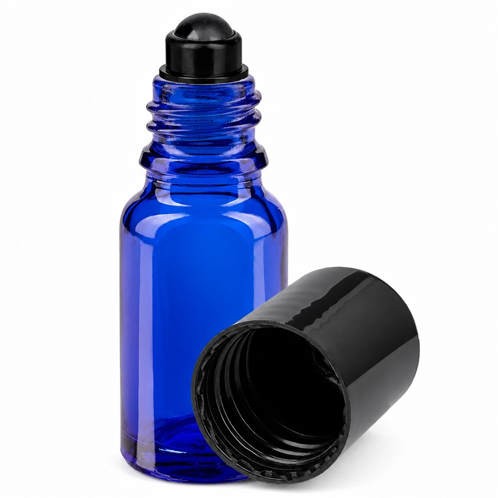 Butelka apteczna niebieska 10ml zakrętka roll-on czarna 10 ml niebieska buteleczka z kulką z szkła aptecznego, z czarną kulką i zakrętką