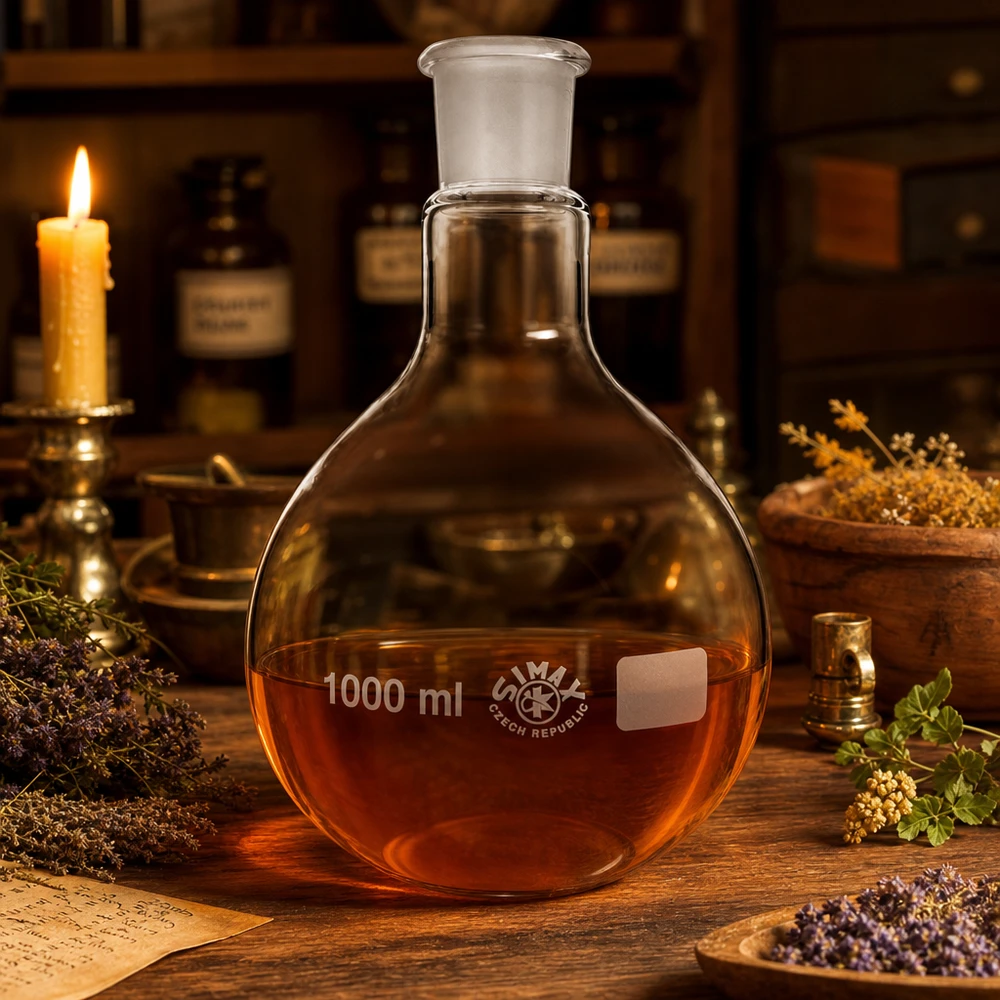 Kolba 1000 ml ze standardowym szlifowanym złączem (29/32) Kolba okrągłodenna 1000 ml z pomarańczowym roztworem i standardowym szlifem 29/32 do profesjonalnej syntezy laboratoryjnej
