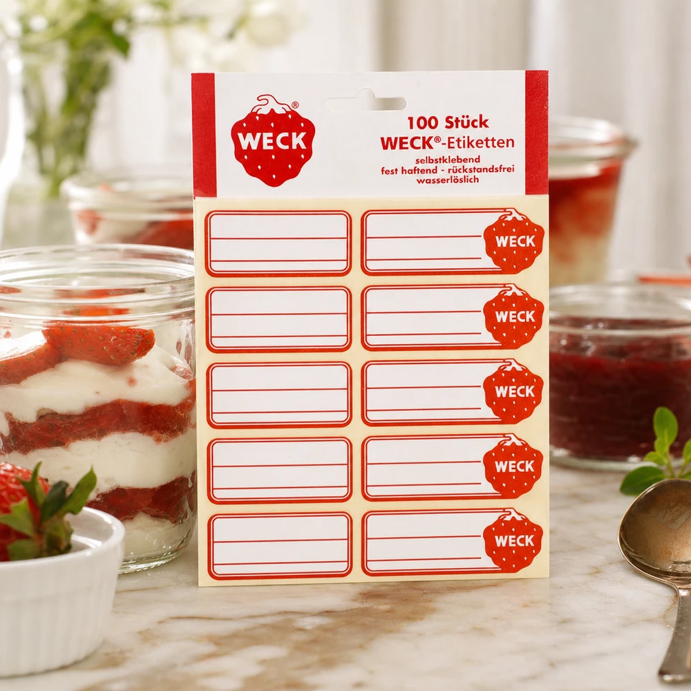 Etykiety WECK 19 x 13 mm (opakowanie zawierające 100 sztuk) WECK Etiketten Packung neben dekorativem Dessertglas mit Erdbeercreme zeigt vielseitige Anwendung in moderner Küche