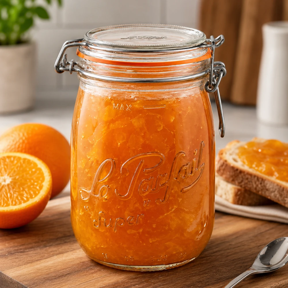 Słoik do przechowywania Le Parfait Super o pojemności 1000 ml z uchylną pokrywką wypełniony marmoladą pomarańczową na drewnianej desce z pomarańczami