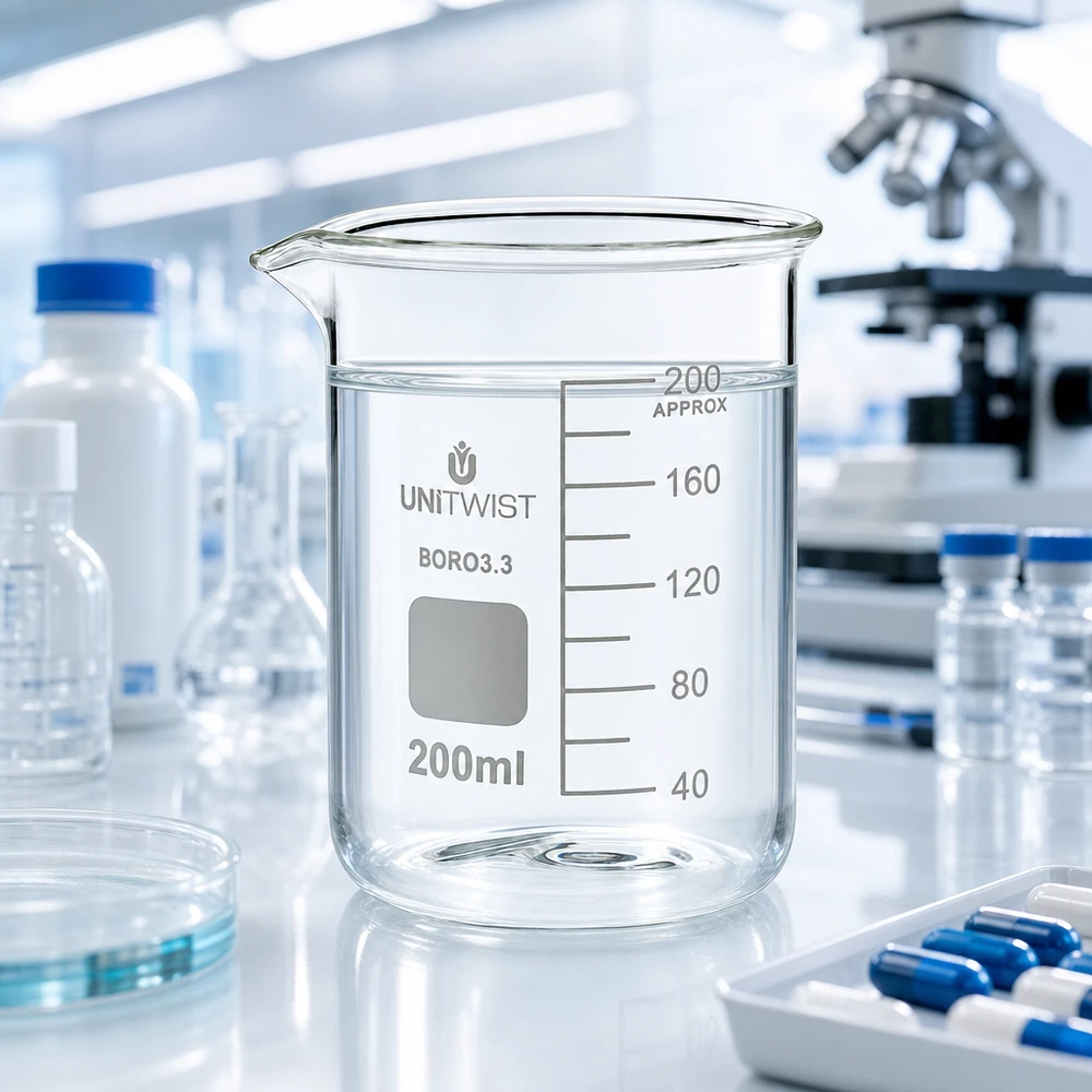 Zlewka 200 ml borokrzemianowa, niskoprofilowa UNiTWIST Szklanka UNiTWIST o pojemności 200 ml, wykonana z borokrzemianu, o niskim profilu, w profesjonalnym laboratorium z mikroskopem