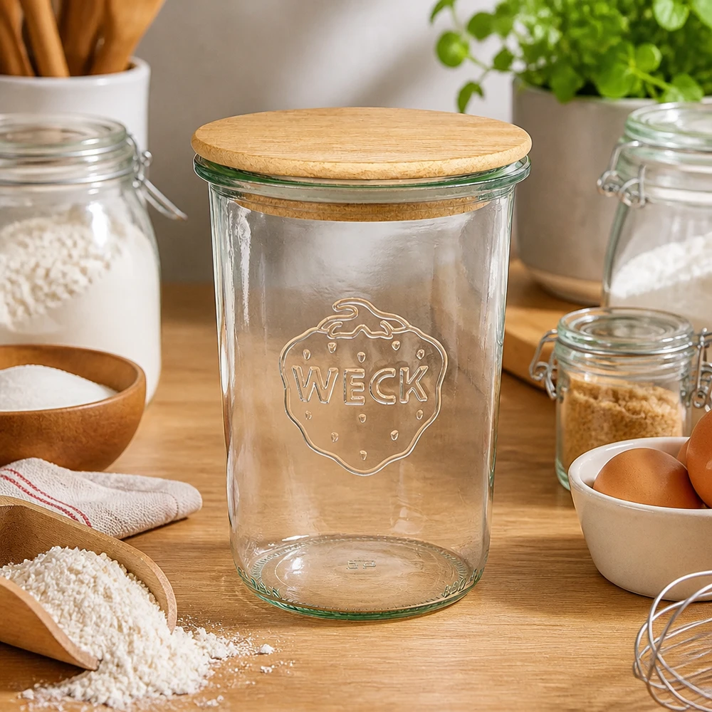 WECK kubki 850ml RR100 drewniana pokrywka kuchnia składniki do pieczenia mąka jajka przybory kuchenne naturalne materiały