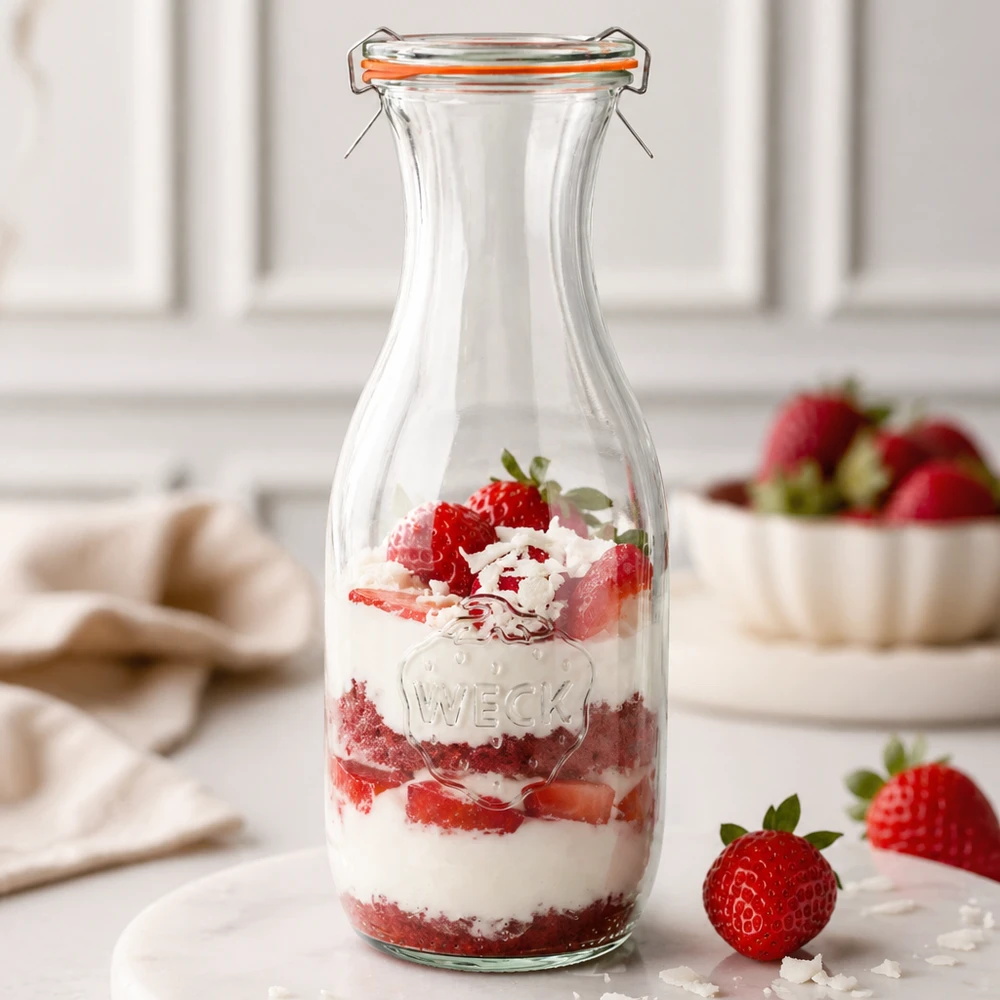 Butelka soku WECK 1062ml RR60 jako słoik deserowy wypełniony kremem truskawkowym warstwowy deser kuchenny tło biały