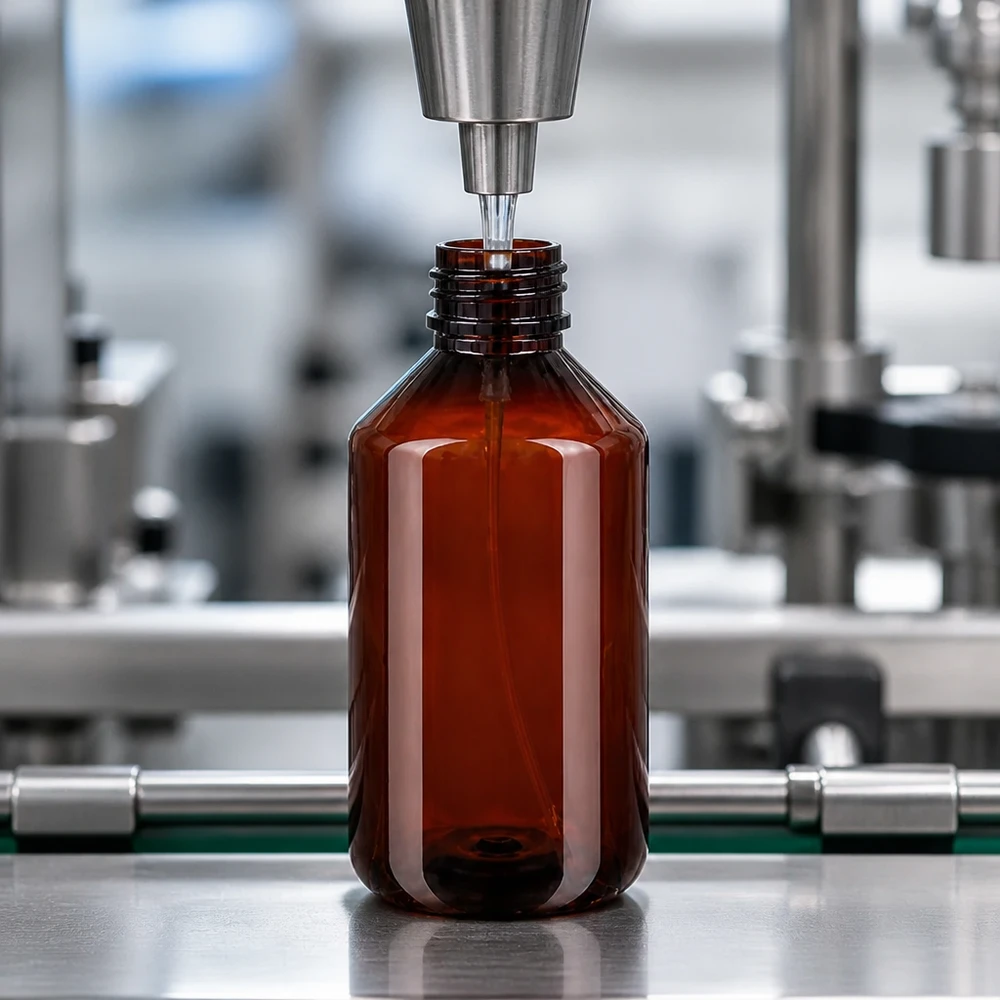 Präzise Dosierung von Flüssigkeit in braune 500ml PET Flasche durch Edelstahlfüllkopf