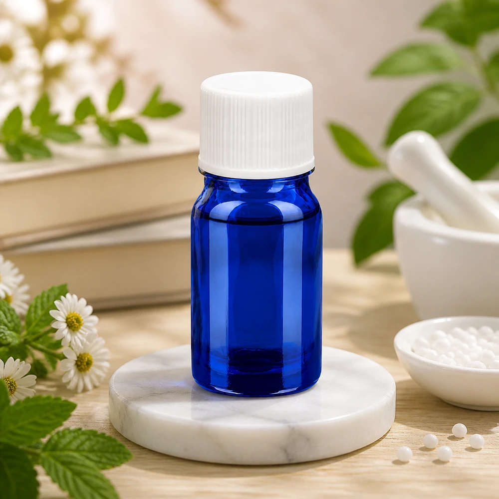 Mała butelka UT18/5 o pojemności 5 ml z niebieskiego szkła z białą zakrętką, idealna do aromaterapii i kosmetyków.