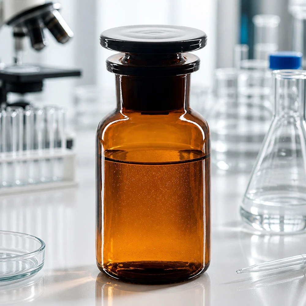 Okrągła butelka na ramię 100 ml z brązową szeroką szyjką i szklanym korkiem Zdjęcie laboratoryjne: brązowa butelka o pojemności 100 ml z zaokrąglonymi ramionami i szeroką szyjką, z szklanym korkiem, obok mikroskopu