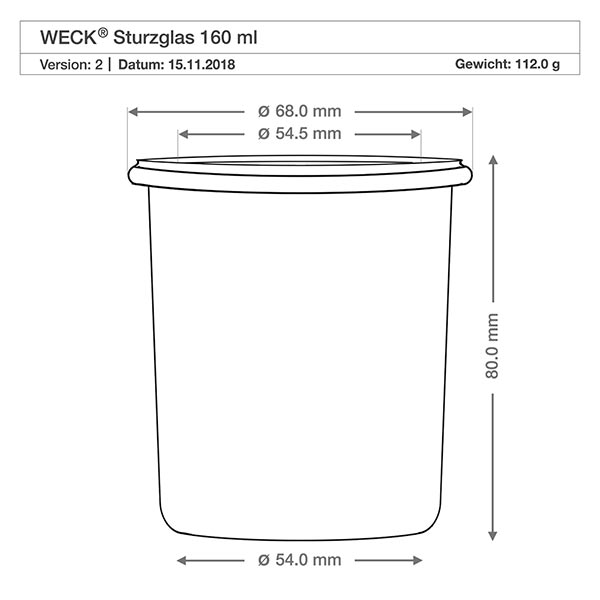 Zestaw 12 słoików Weck o pojemności 160 ml z 12 pokrywkami samoprzylepnymi Rysunek techniczny kubka WECK 160ml RR60 o wymiarach - średnica 68mm, wysokość 80mm, waga 112g