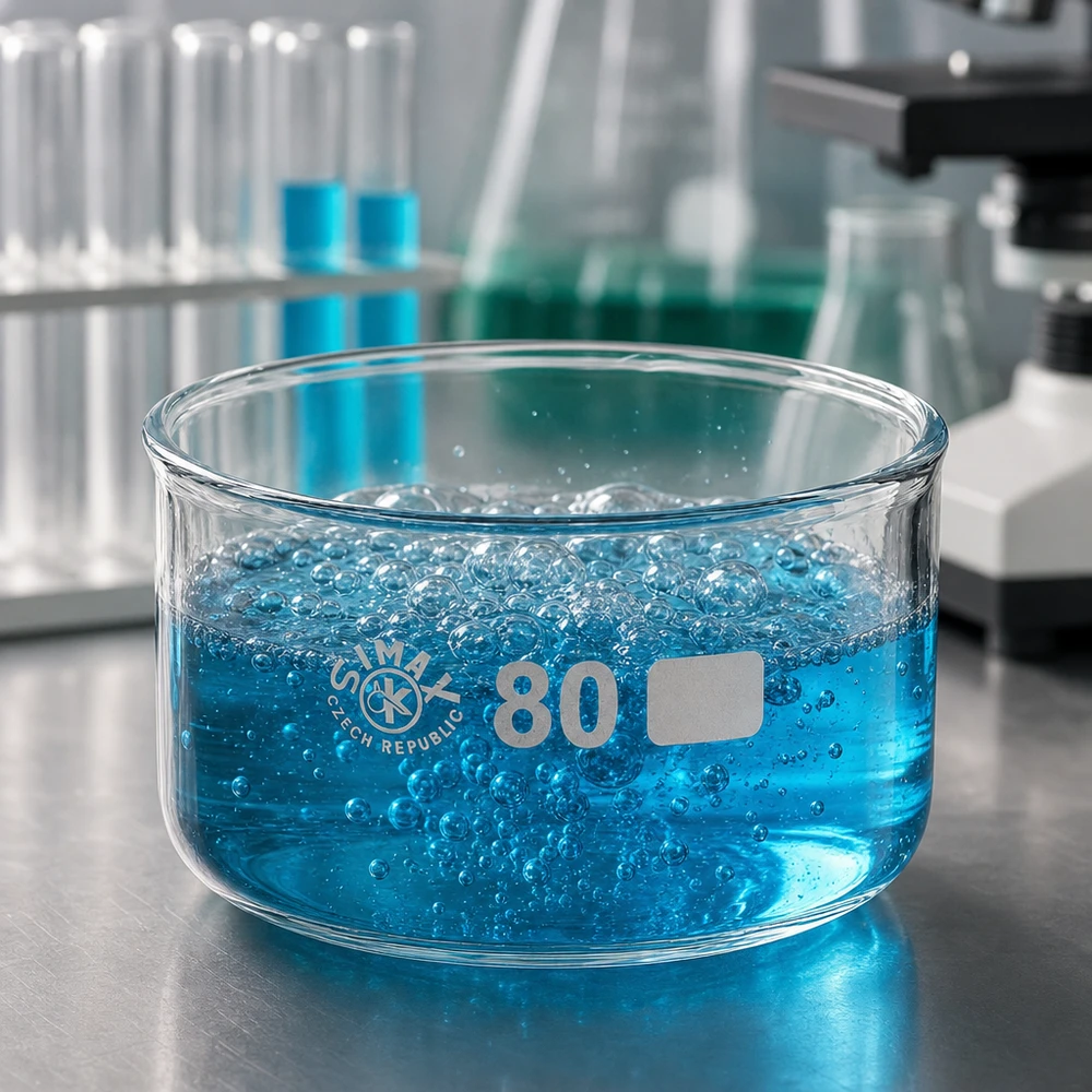 Niebieski płyn z pęcherzykami w miseczce krystalizacyjnej SIMAX 80 mm ze szkła borokrzemowego, pojemność 150 ml, do zastosowań laboratoryjnych