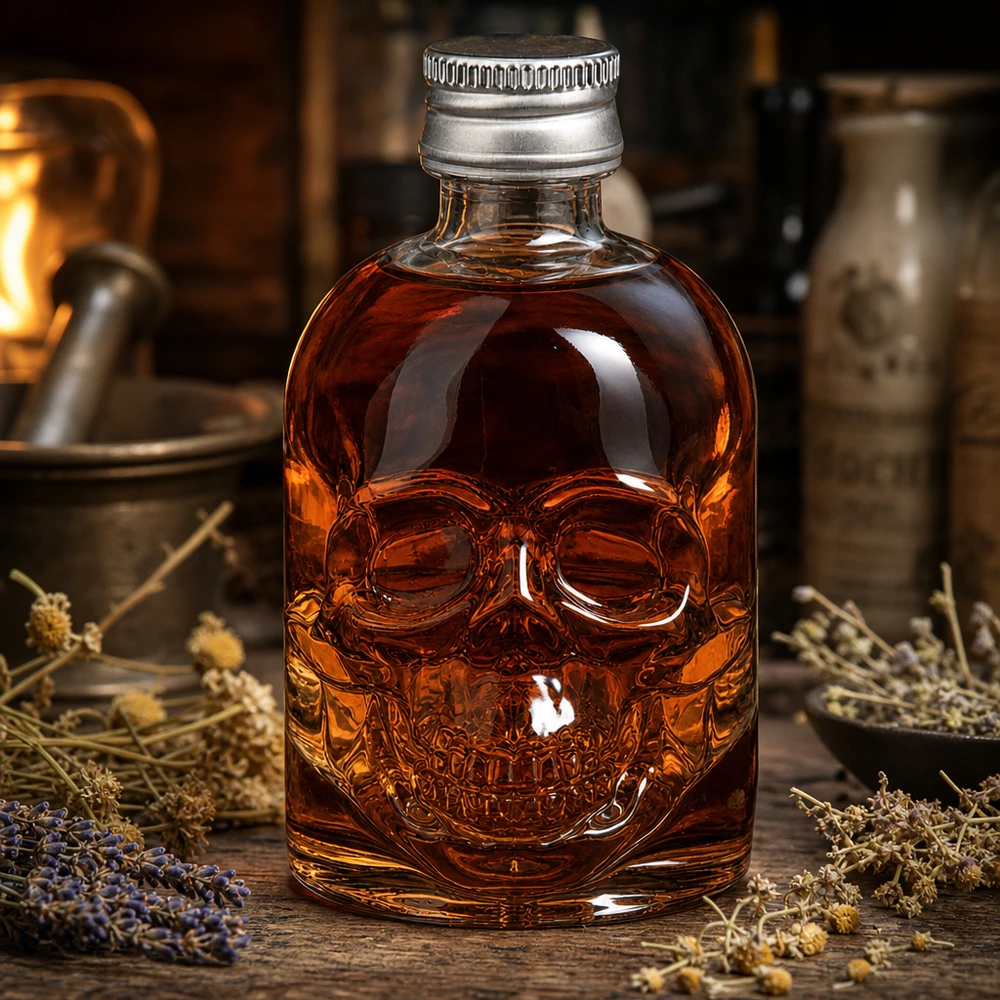 Szklana butelka 50 ml Hector i srebrny zakrętka UNiTWIST® 50 ml szklana butelka Hector z bursztynowym płynem między ziołami i przyprawami w atmosferze przypominającej aptekę