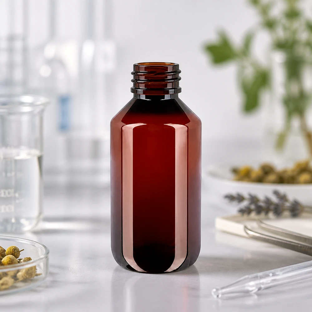 Butelka PET 200ml z czerwoną nakrętką OV Przezroczysta butelka PET o pojemności 200 ml w kolorze brązowym z czerwoną zakrętką, przeznaczona dla branży farmaceutycznej i kosmetyków naturalnych