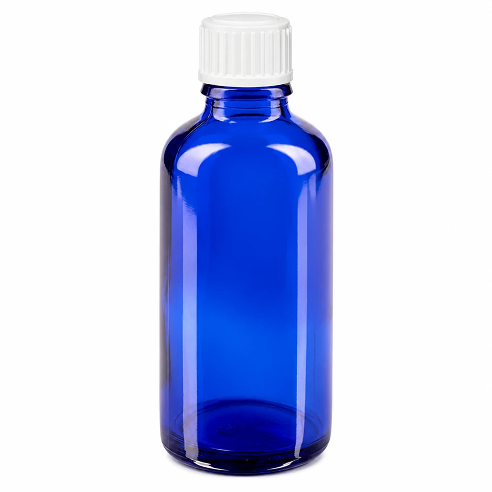 50 ml niebieska szklana buteleczka apteczna z białym zakrętkiem 11 mm