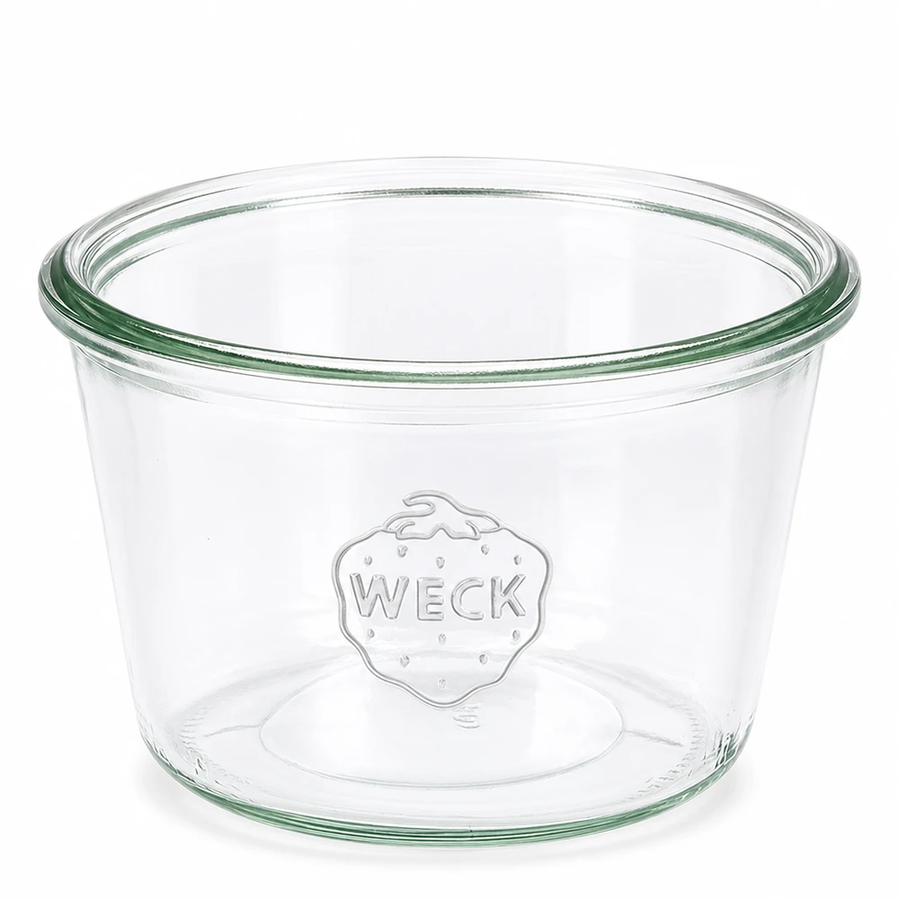 Kubki o pojemności 370 ml WECK RR100 Przeźroczyste kubki WECK 370ml RR100 z zielonym brzegiem i wytłoczonym logo WECK do konserwowania i wekowania