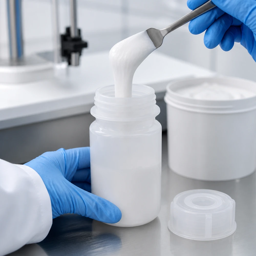 Laborant przenosi biały krem za pomocą szpatułki do 50 ml butelki laboratoryjnej o szerokiej szyjce z zakrętką