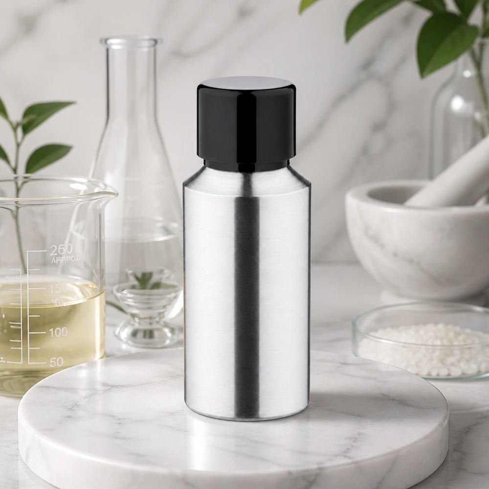 Butelka z polerowanego aluminium o pojemności 30 ml z zakrętką Polerowana aluminiowa butelka o pojemności 30 ml z matowym wykończeniem i czarną zakrętką do zastosowań laboratoryjnych