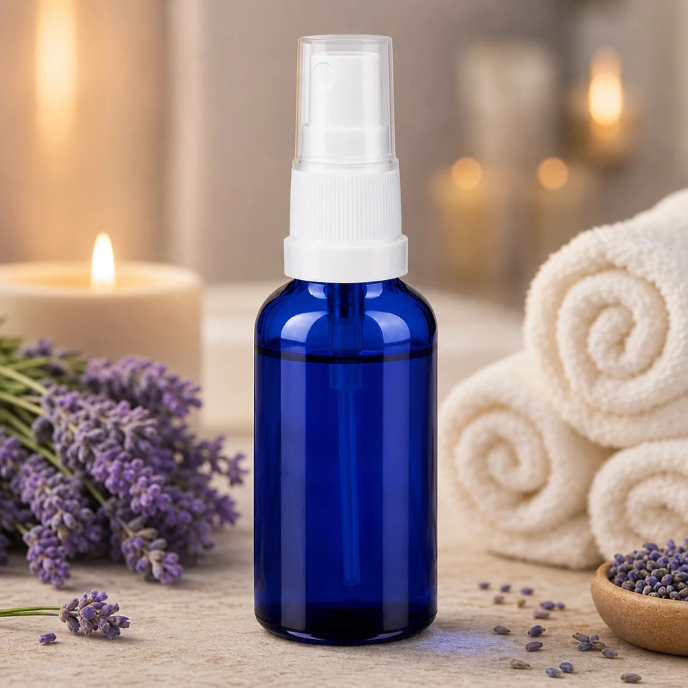 Butelka ze spryskiwaczem 30 ml biała/przezroczysta STD BlueLine UT18/30 Mała butelka ze sprayem o pojemności 30 ml w niebieskim, przezroczystym kolorze, idealna w podróży i w podróży