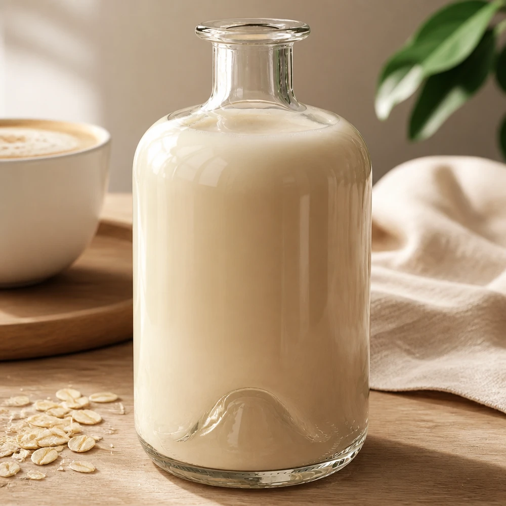 Butelka apteczna 500ml Glasflasche "Luna" ohne Verschluss UNiTWIST 500 ml bez zamknięcia UNiTWIST® Butelka farmaceutyczna Luna 500 ml wypełniona kremowym mlekiem owsianym obok filiżanki kawy i płatków owsianych na drewnianym stole