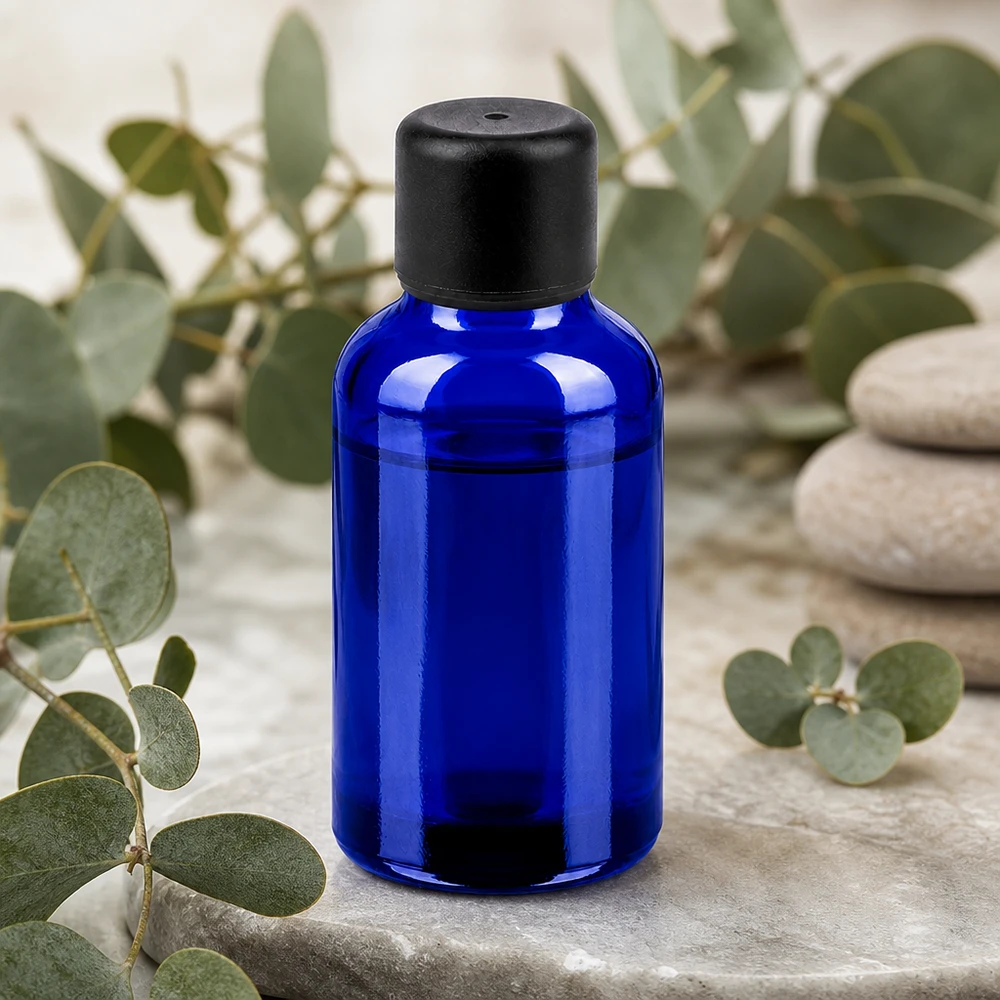 Butelka 30 ml 6 mm SV czarna STD BlueLine UT18/30 Butelka z niebieskiego szkła o pojemności 30 ml z czarną zakrętką na olejki eteryczne i kosmetyki